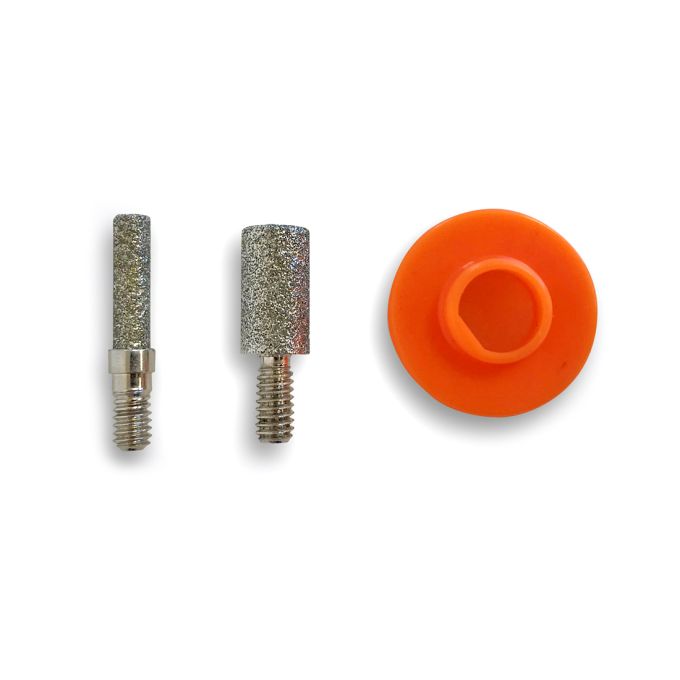Mini G Bit System for THE GRINDER Includes a 1/4" Spindle Top Bit, 1/8" Spindle Top Bit, and one orange Shaft Water Seal Cap.